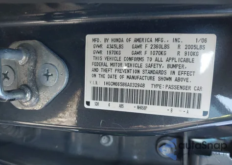 2006 Honda Accord 3.0 Ex from USA, damaged, VIN 1HGCM66586A032948